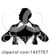 Black And White Silhouetted Strong Business Man Super Hero Ripping Off His Suit