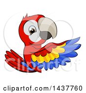 Poster, Art Print Of Cartoon Happy Scarlet Macaw Parrot Pointing Around A Sign