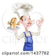 Clipart Of A White Male Chef With A Curling Mustache Holding A Hot Dog Mascot On A Platter And Gesturing Ok Royalty Free Vector Illustration