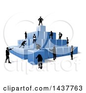 Team Of Silhouetted Business Men And Women Assembling A Pyramid Of 3d Blue Cubes