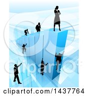 3d Blue Bar Graph With Silhouetted Business Men And Women Competing To Reach The Top