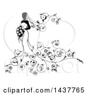 Poster, Art Print Of Silhouetted Black And White Bride Posing In A Wedding Gown With A Bouquet And Floral Swirls