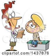 Clipart Of A Cartoon Caucasian Boy With Spots Being Seen By A Doctor Royalty Free Vector Illustration