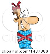 Clipart Of A Cartoon White Man Wrapped Up As A Christmas Gift Royalty Free Vector Illustration by toonaday