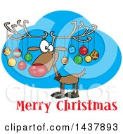 Poster, Art Print Of Cartoon Reindeer With Ornaments On His Antlers Over Merry Christmas Text