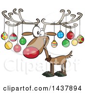 Poster, Art Print Of Cartoon Christmas Reindeer With Ornaments On His Antlers