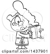 Poster, Art Print Of Cartoon Black And White Lineart Little Girl Shaking A Gift