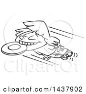 Clipart Of A Cartoon Black And White Lineart Little Girl Catching A Frisbee With Her Teeth Royalty Free Vector Illustration