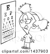 Cartoon Black And White Lineart Little Girl Looking At An Eye Chart