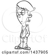 Clipart Of A Cartoon Black And White Lineart Teenage Guy Royalty Free Vector Illustration
