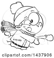 Poster, Art Print Of Cartoon Black And White Lineart Little Boy Throwing A Snowball