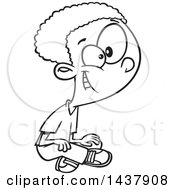 Clipart Of A Cartoon Black And White Lineart Little Boy Sitting On The Ground Royalty Free Vector Illustration
