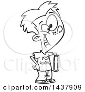 Poster, Art Print Of Cartoon Black And White Lineart Little Boy Wearing An I Love Reading Shirt And Holding A Book