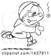 Clipart Of A Cartoon Black And White Lineart Little Boy Catching A Snowflake Royalty Free Vector Illustration by toonaday
