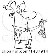 Clipart Of A Cartoon Black And White Lineart Unenthused Man Holding Out Tighties Underwear Royalty Free Vector Illustration