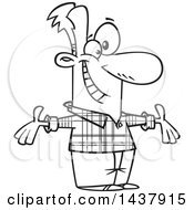Clipart Of A Cartoon Black And White Lineart Welcoming Man Wearing A Plaid Shirt Royalty Free Vector Illustration