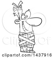 Clipart Of A Cartoon Black And White Lineart Man Wrapped Up As A Christmas Gift Royalty Free Vector Illustration