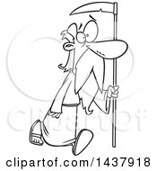 Poster, Art Print Of Cartoon Black And White Lineart Father Time Walking With A Scythe