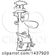 Clipart Of A Cartoon Black And White Lineart Man Brainstorming Royalty Free Vector Illustration