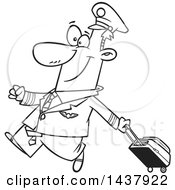 Poster, Art Print Of Cartoon Black And White Lineart Male Airline Pilot Walking Proudly With A Rolling Suitcase