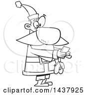 Clipart Of A Cartoon Black And White Lineart Christmas Santa Claus Texting On A Smart Phone Royalty Free Vector Illustration