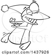 Poster, Art Print Of Cartoon Black And White Lineart Christmas Penguin Doing A Happy Dance