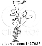 Clipart Of A Cartoon Black And White Lineart Woman Wrapped Up As A Gift Royalty Free Vector Illustration