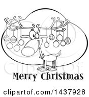 Poster, Art Print Of Cartoon Black And White Lineart Reindeer With Ornaments On His Antlers Over Merry Christmas Text
