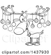 Poster, Art Print Of Cartoon Black And White Lineart Christmas Reindeer With Ornaments On His Antlers