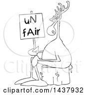 Poster, Art Print Of Cartoon Black And White Lineart Christmas Reindeer On Strike Sitting On A Stump With An Unfair Sign