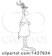 Clipart Of A Cartoon Black And White Lineart Christmas Reindeer Standing Upright With Folded Arms Royalty Free Vector Illustration