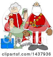 Poster, Art Print Of Cartoon Christmas Santa Claus With The Mrs And Elves