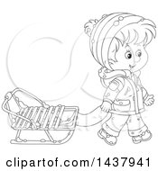 Poster, Art Print Of Cartoon Black And White Lineart Happy Boy Pulling A Winter Sled