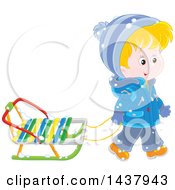 Poster, Art Print Of Happy White Boy Pulling A Winter Sled
