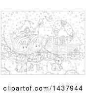 Poster, Art Print Of Cartoon Black And White Lineart Boy And Girl Holding Hands And Taking A Winter Stroll With A Dog On A Winter Day