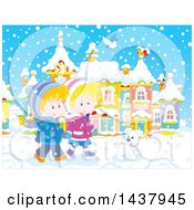 Clipart Of A Happy White Boy And Girl Holding Hands And Taking A Winter Stroll With A Dog On A Winter Day Royalty Free Vector Illustration