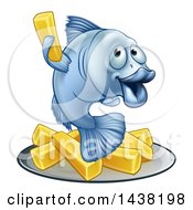 Poster, Art Print Of Happy Blue Cod Fish Holding Up A Fry Over Chips