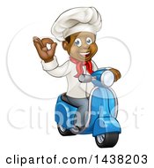 Poster, Art Print Of Cartoon Happy Black Male Chef Gesturing Perfect Or Ok And Riding A Scooter