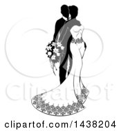Clipart Of A Black And White Silhouetted Posing Bride And Groom Royalty Free Vector Illustration