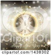 Poster, Art Print Of Happy New Year Greeting Under An Ornate Clock Over Blur With Stars And Bokeh Flares