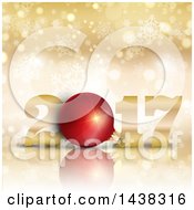 Poster, Art Print Of 3d Red Bauble In New Year 2017 Design Over Gold With Bokeh And Snowflakes