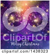 Clipart Of A Merry Christmas Greeting Under A Purple Bow With Gold Sparkles Flares And Snowflakes Royalty Free Vector Illustration