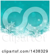 Poster, Art Print Of Turquoise Christmas Background With A Snowy Hill Flares And Snowflakes