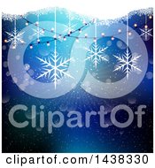 Poster, Art Print Of Christmas Background Of String Lights And Suspended Snowflakes Over Blue