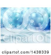 3d Winter Or Christmas Background Of A Snowy Landscape With Snowflakes On Blue