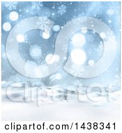 Poster, Art Print Of 3d Winter Or Christmas Background Of A Snowy Landscape With Snowflakes And Flares
