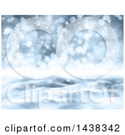Poster, Art Print Of 3d Winter Or Christmas Background Of A Snowy Landscape With Flares And Snowflakes