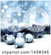 Poster, Art Print Of 3d Christmas Background Of Tinsel And Baubles Over Blue Flares And Snowflakes