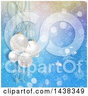 Poster, Art Print Of Christmas Background Of 3d Hanging Bauble Ornaments Over Blue Flares Stars And Snowflakes