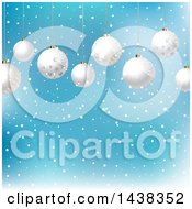 Clipart Of A Christmas Background Of 3d Suspended Bauble Ornaments Over Snow On Blue Royalty Free Vector Illustration